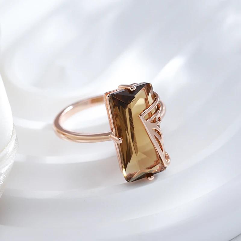 Hollow Inlay Square Light Tea Color Zircon Large Rings Elegant Geometric Jewelry Women Rings Accessories