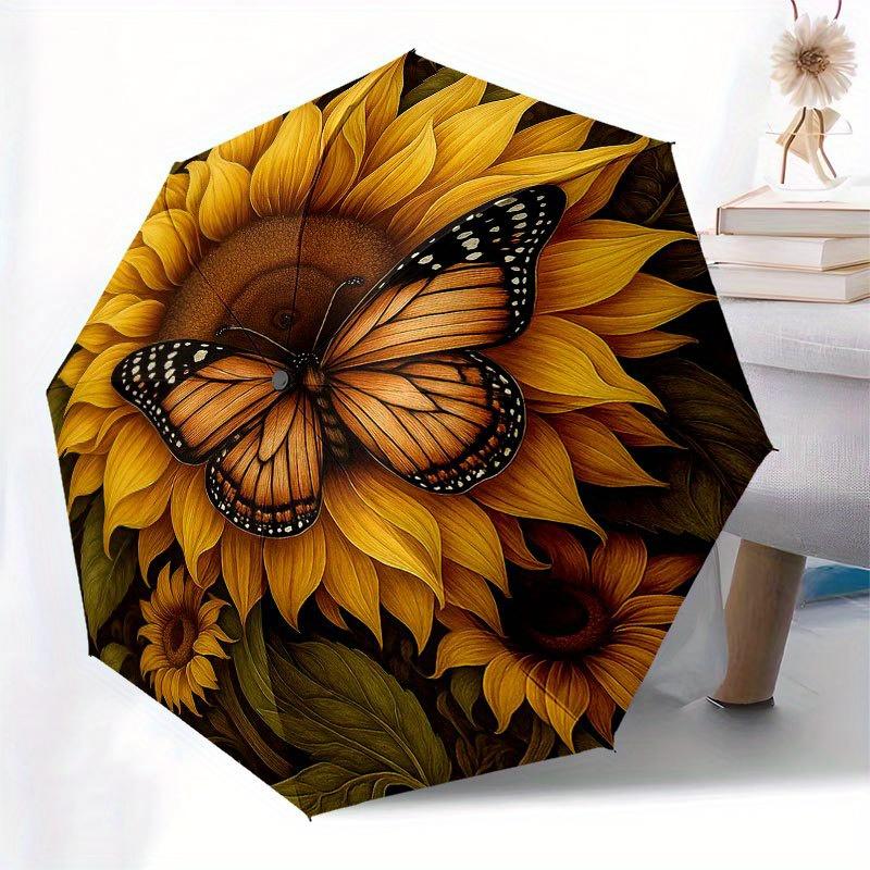 Sunflower Butterfly Garden Art Print Umbrella, Cute Umbrella with Cute Design, Portable 3-Fold Compact Umbrella for Men & Women, Valentine's Day Mothe