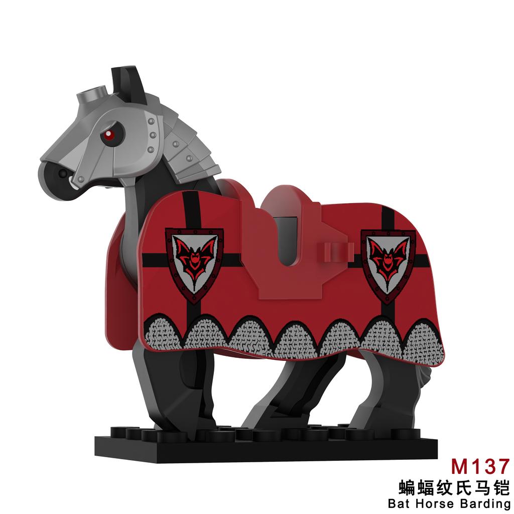 1pcs Medieval Horses Grey Bodies Blue Saddle Blankets White Horse Emblems Yellow Trims Building Block