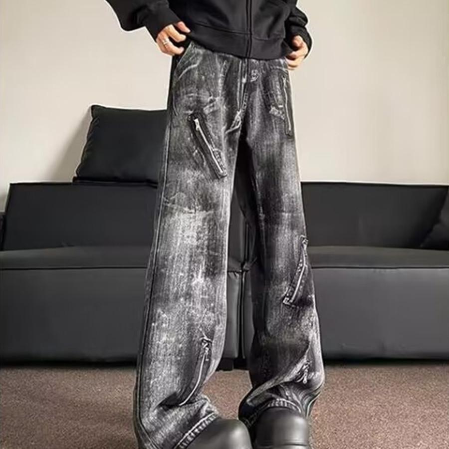 American washed retro tie-dye black jeans men's trendy brand zipper decoration European and American high street loose and thin trousers
