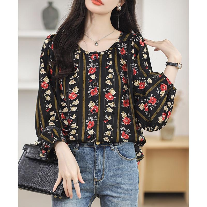 Spring New Style Round Neck Chiffon Shirt Women's Casual Top Loose Versatile Shirt