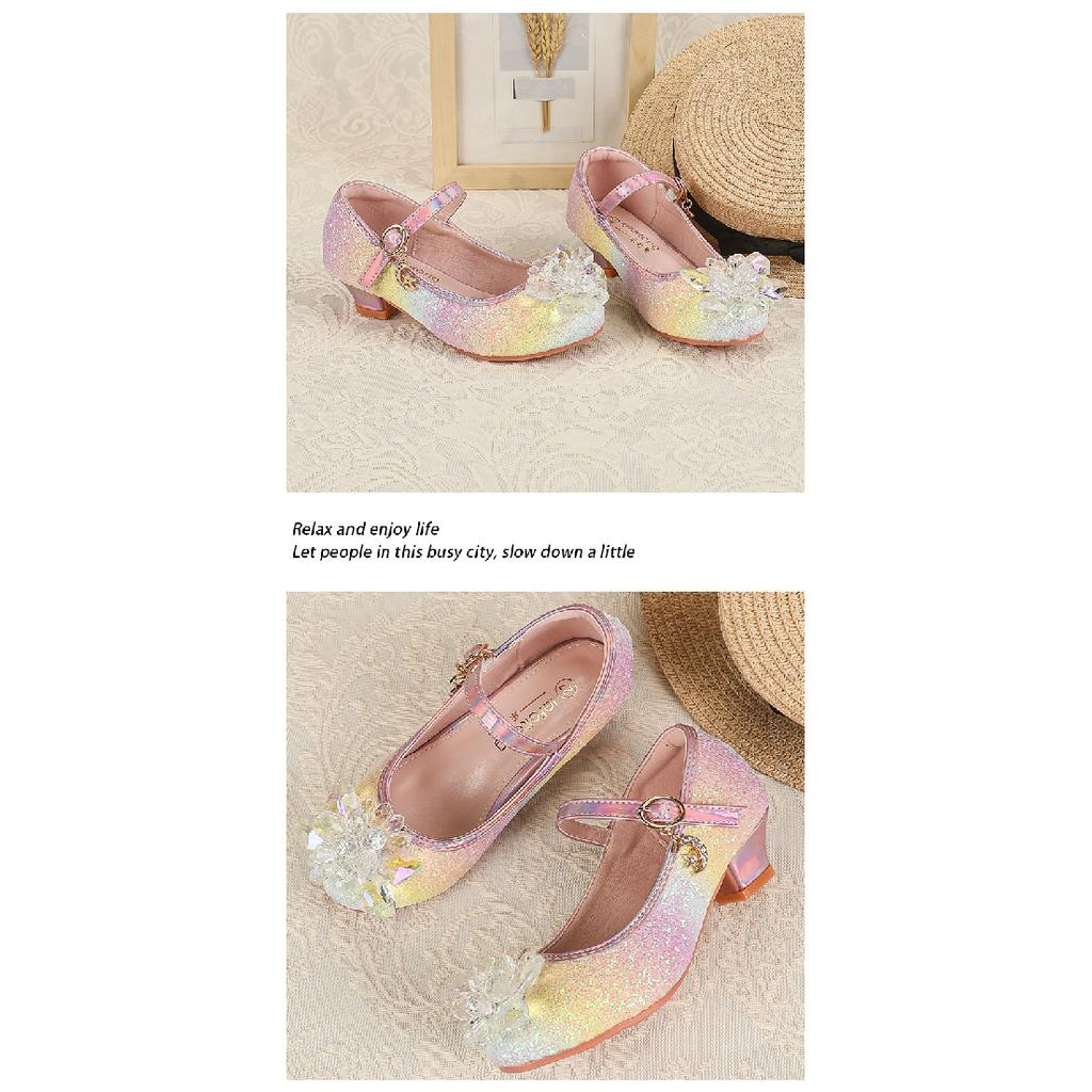 Girls' High Heels Spring and Autumn New Style Little Girls' Crystal Leather Shoes Children's Princess Shoes for Big Kids Catwalk Soft Sole Kids'