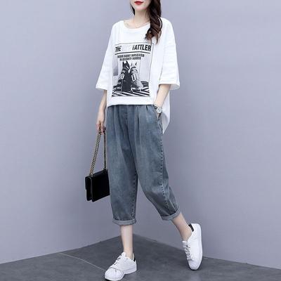 Versión coreana de verano de la camiseta de talla grande para mujer, pantalones vaqueros casuales sueltos, traje de dos piezas de moda