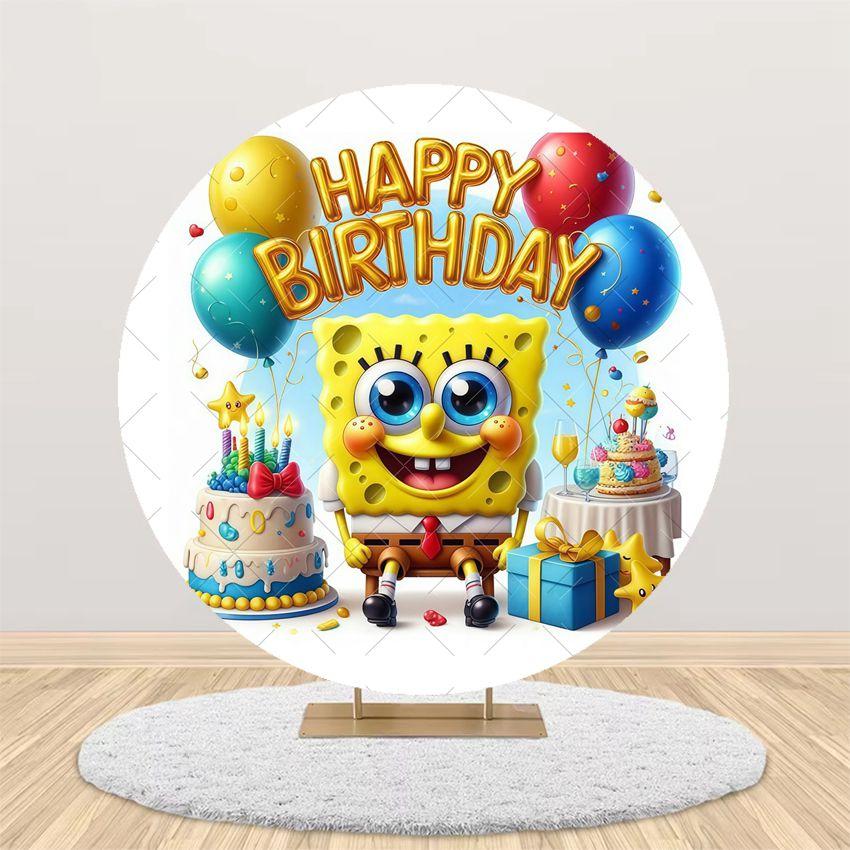 Cartoon SpongeBob Children Birthday Party Round Backdrop Cover Kid Room Decoration Baby Shower Photography Background Props