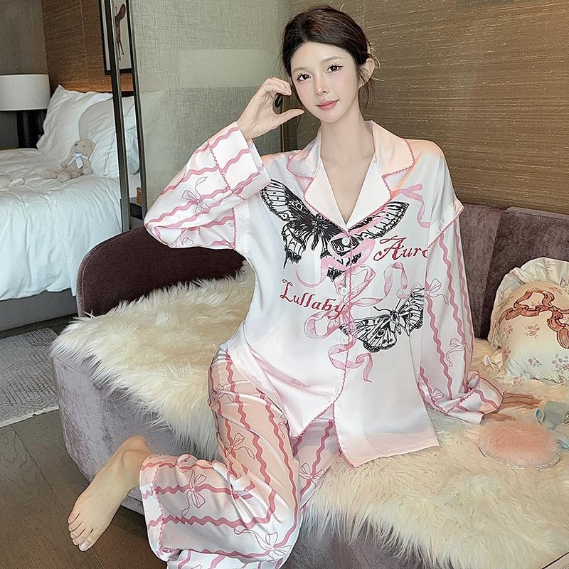 Pajamas Women's Spring and Autumn Ice Silk Long-sleeved Large-size Lapel Suit Can Be Worn Outside Summer New High-end Light Luxury Loungewear