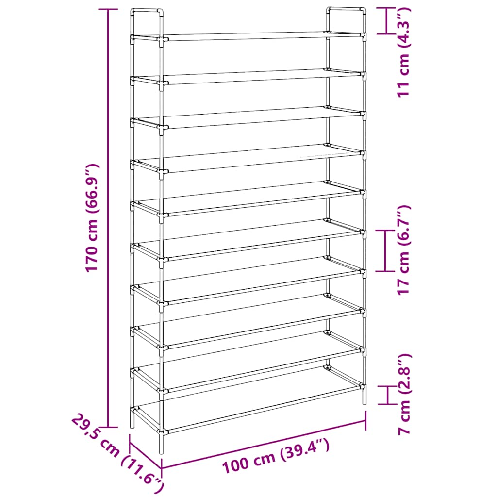 Shoe Rack with 10 Shelves Metal and Felt Fabric Black