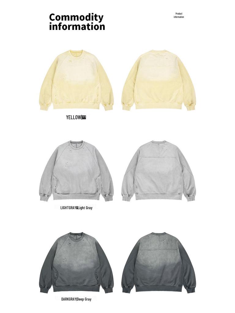 Lan Hai Herren 2025 Herbst/Winter Japanischer Stil Farbverlauf Patchwork Gerissen Fleecegefüttert Rundhals-Sweatshirt