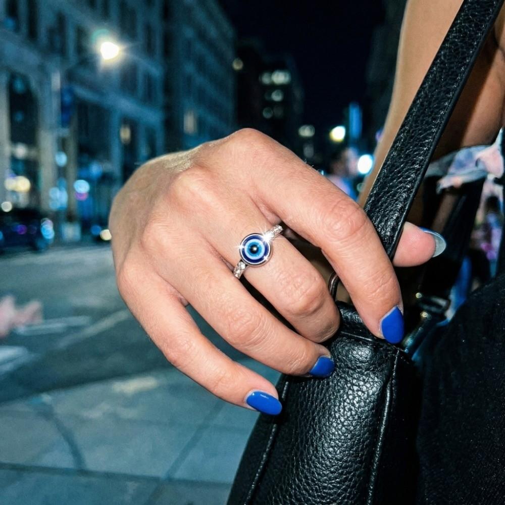 Versatile Use Blue Eye Ring Simple Style Rhinestone-Studded Ring Titanium Steel Ring Gift