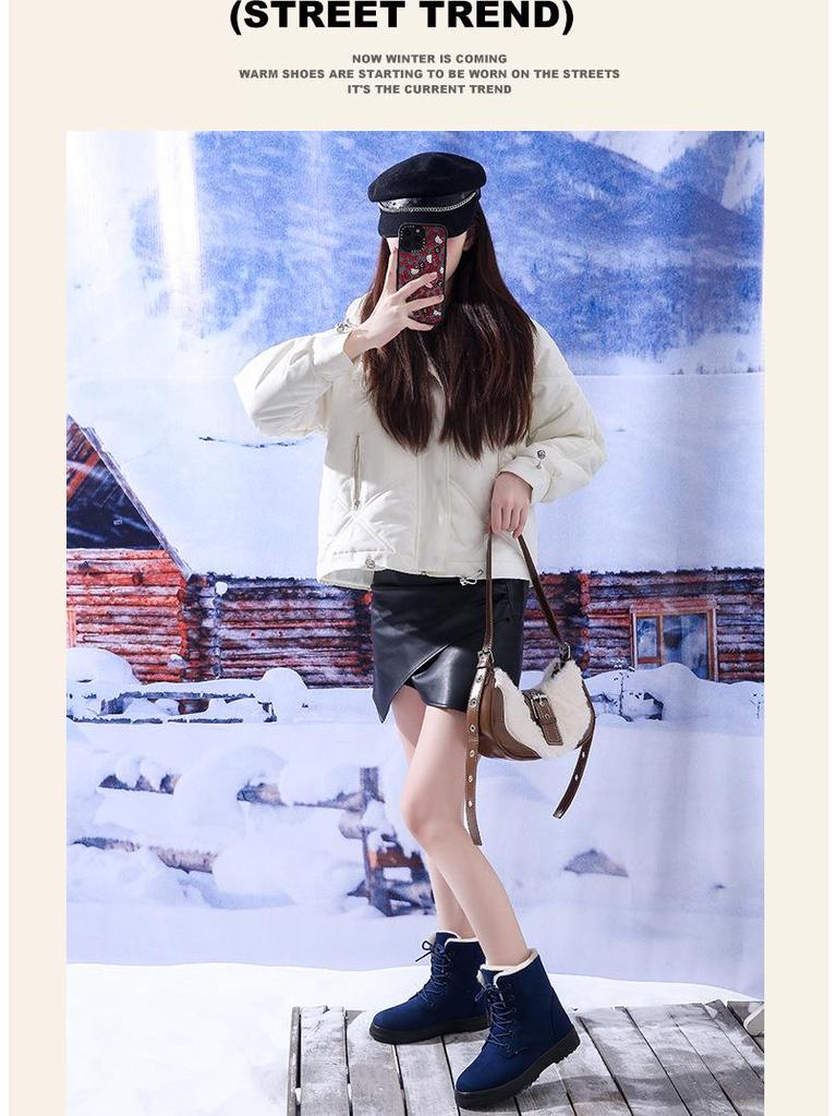 Korean Style High-top Snow Boots for Men and Women, Plus Size, with Velvet Lining and Front Lace-up.