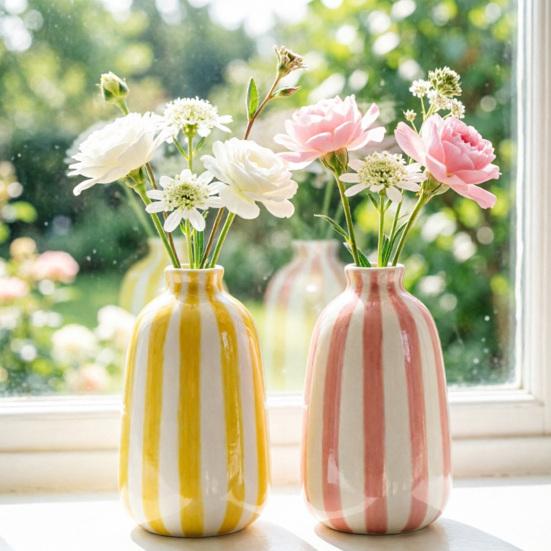 Ornamenti in Ceramica a Forma di Vaso Rotondo Compatto con Strisce Fresche Multicolore Vaso da Libreria per Fiori Decorazione da Tavolo