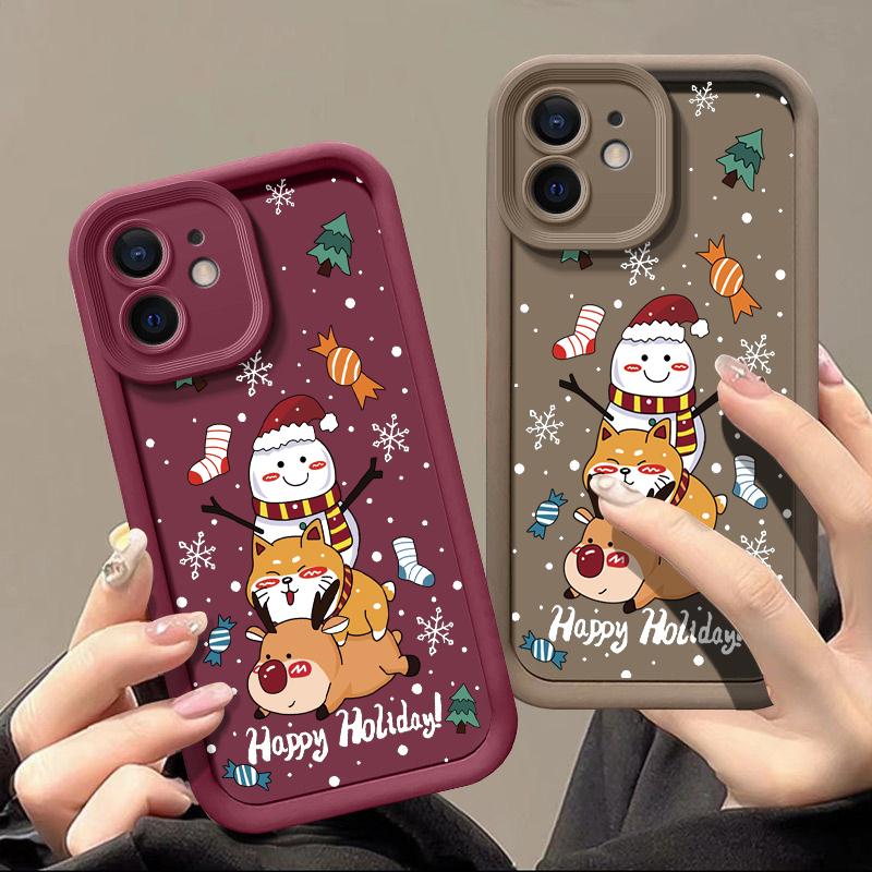 Hülle mit Weihnachtselch-Schneemann-Muster für iPhone 16 Pro 15 14 Plus 13 12 11 Pro Max Xr Xs X 8 7 Linsenschutz, weiches TPU, stoßfest, einfarbige Abdeckung