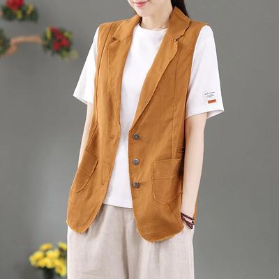 Solid Color Cotton Vest Women's Spring and Autumn Vest Lapel Pocket Waistcoat Waistcoat Outer Thin Section