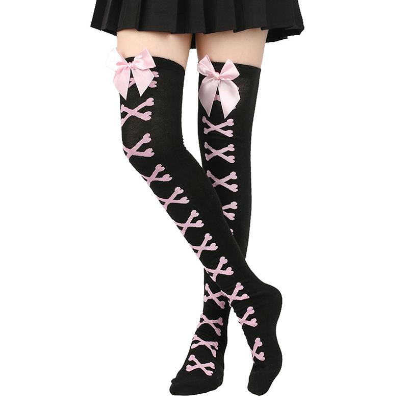 1 Paar Mädchen Schwarz Süß Niedlich Rosa Y2K Harajuku Lolita Oberschenkelhohe Strümpfe Mädchen Knochen Schleife Socken Streetwear