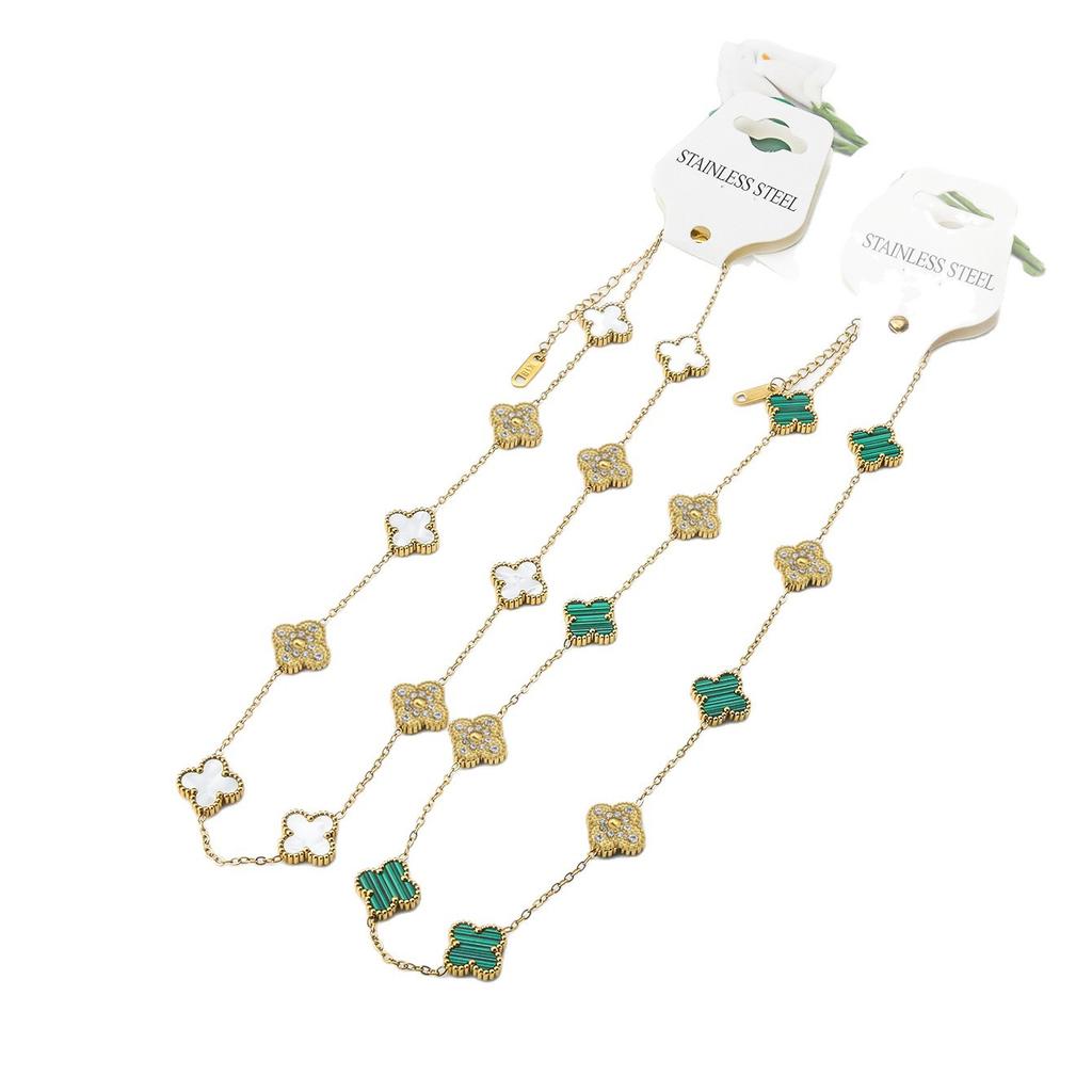 13 mm dubbelsidigt halsband med 10 blommor, glänsande fyrklöver, exklusivt, blekfri tröjkedja för kvinnor, nyckelbenskedja