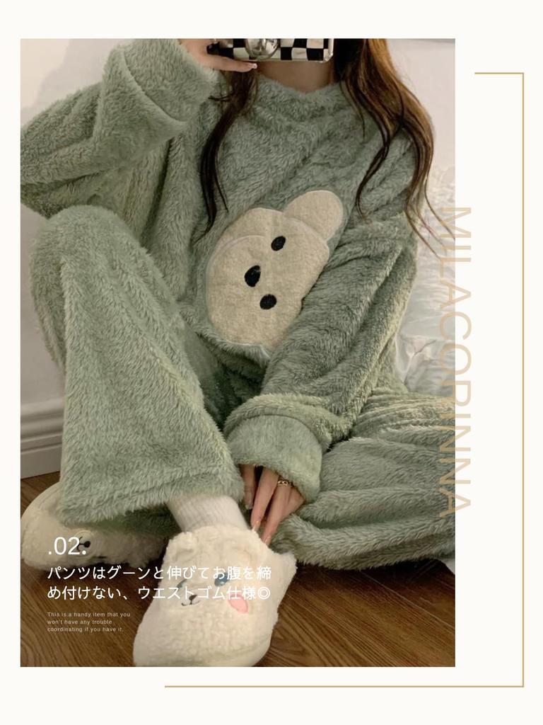 MilaCorinna Fluffy and Warm Flannel Pajamas Set with Cute Bear Solid Long and Lightweight Pajama Set for Fall and Winter Women's Design, Color,