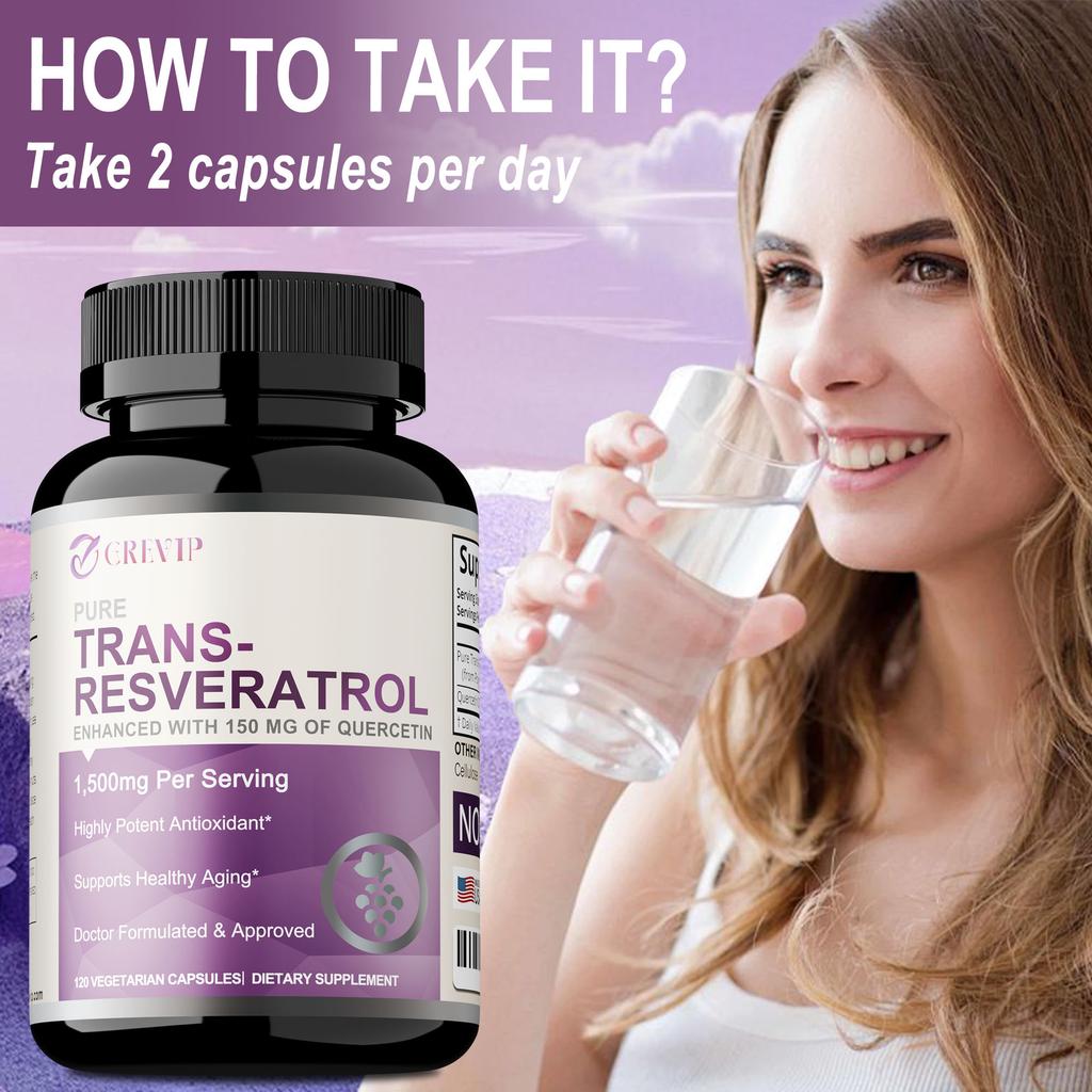 GREVIP Reine Trans-Resveratrol und Quercetin Kombinationskapseln, Leicht Absorbiert, 120 Kapseln, Geeignet für Erwachsene