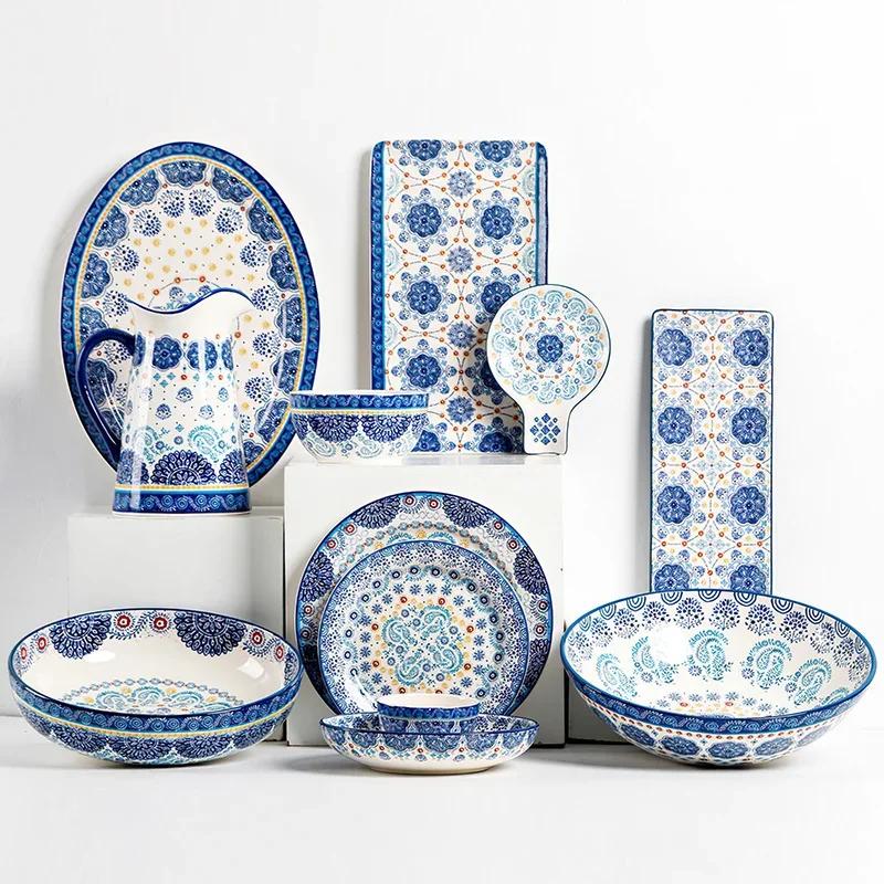 Ceramic Tableware Bohemia Style Western Dishes Big Soup Bowl Kettle Cup Salad Plate Steak Household Kitchen Supplies Dinnerware