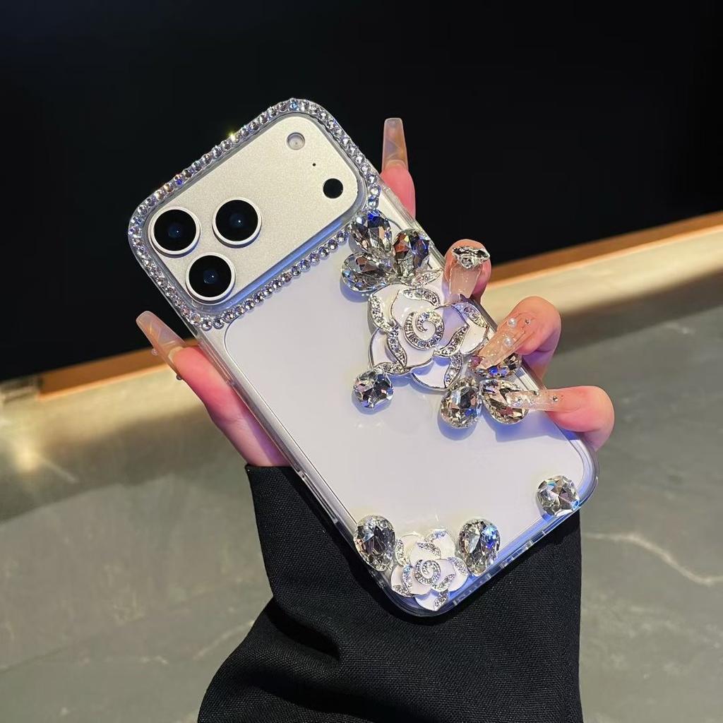 For Apple Ins Style Transparent Mobile Phone Case for IPhone17 Rhinestone 16 Rose Three-dimensional 15 Light Luxury Xsmax Hard