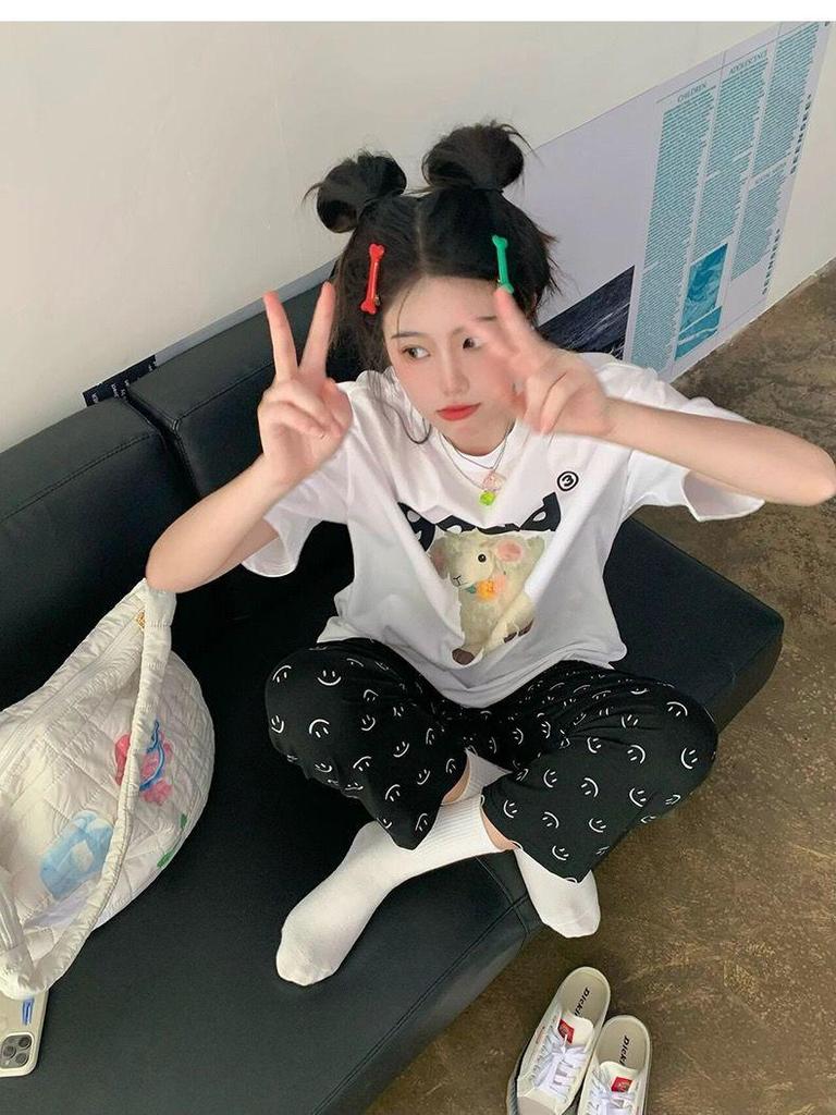 Women's Walking Pants: Smiley Face Print Pajamas, Loose Fit for Spring and Autumn, Casual and Suitable for Indoor/Outdoor Wear