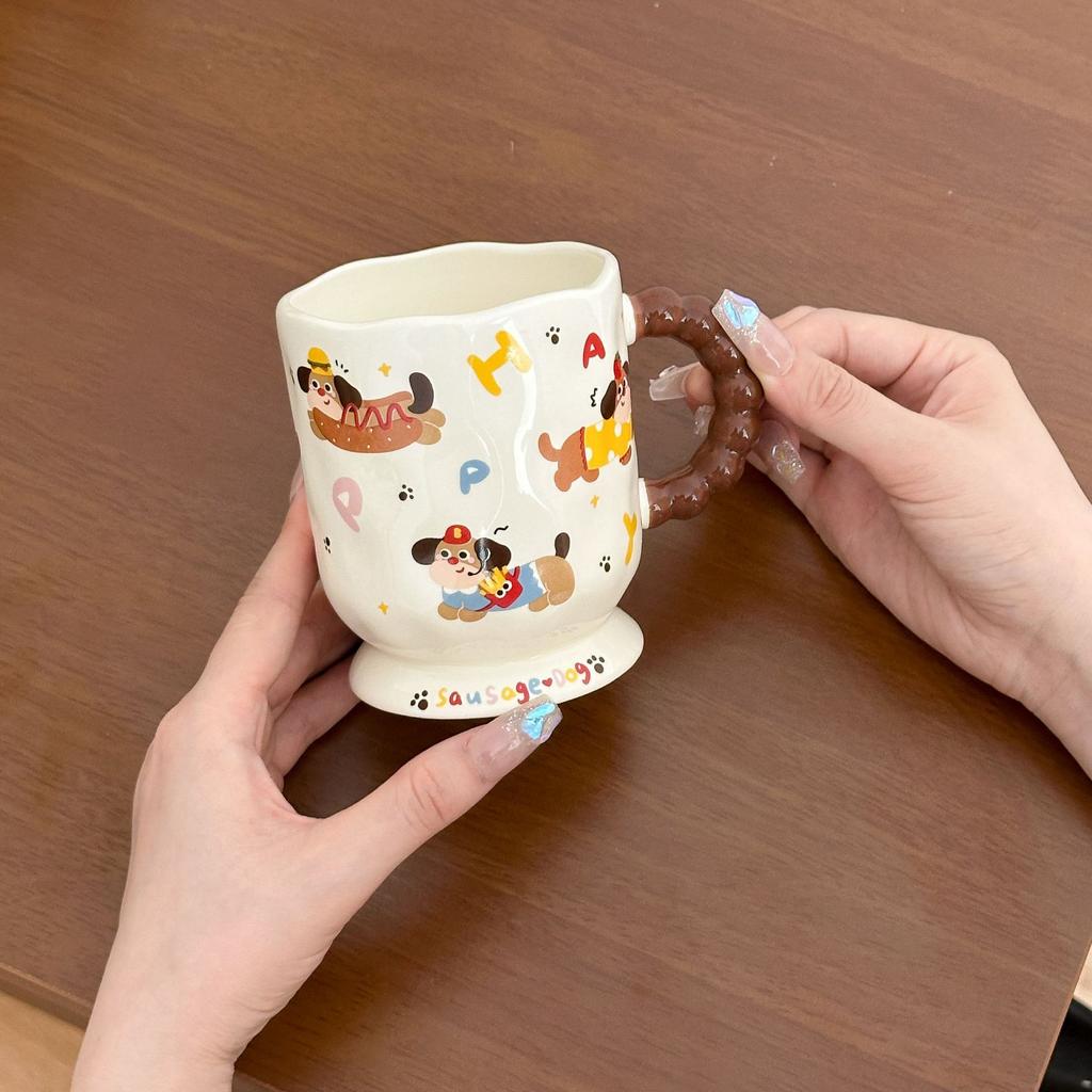 Cute Dachshund Dog Goblet Household Drinking Water Mug with Lid Spoon Office Ceramic Breakfast Coffee Milk Cup