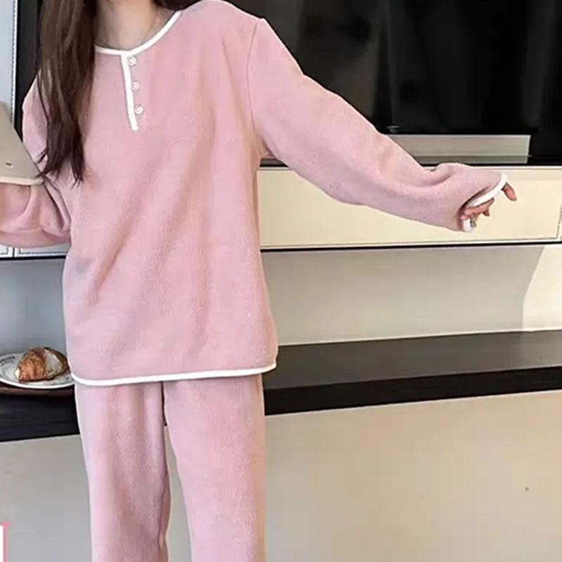 Women Suits Sets Cotton Large Size Pajamas Winter Thickened Fleece Longs Pants Two-piece Oversize 2PC Suit