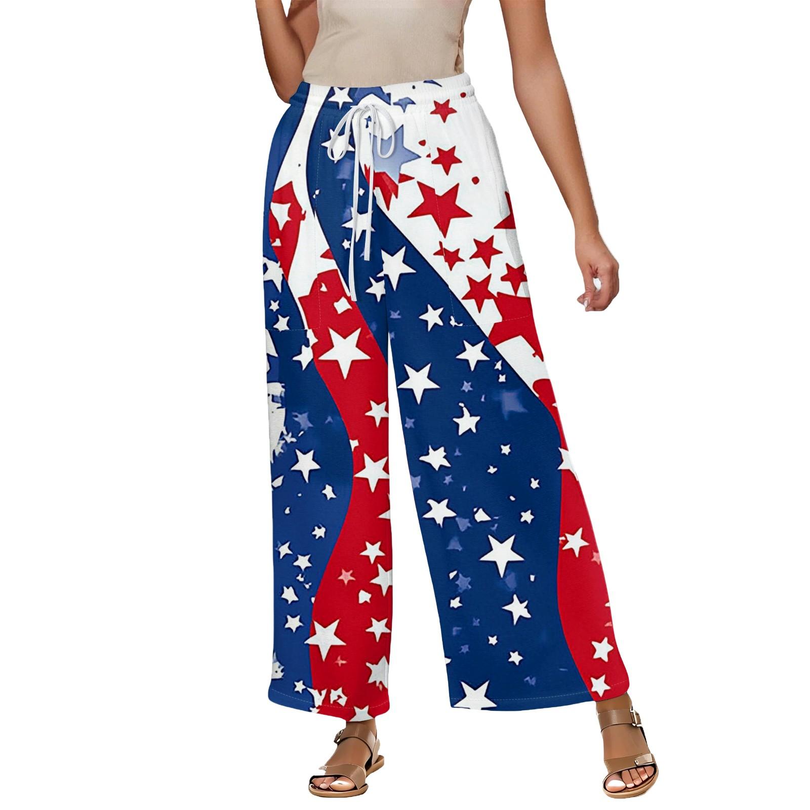 Women s Summer Elastic Waist Independence Day Printed Cotton And Linen Loose Cropped Pants XL