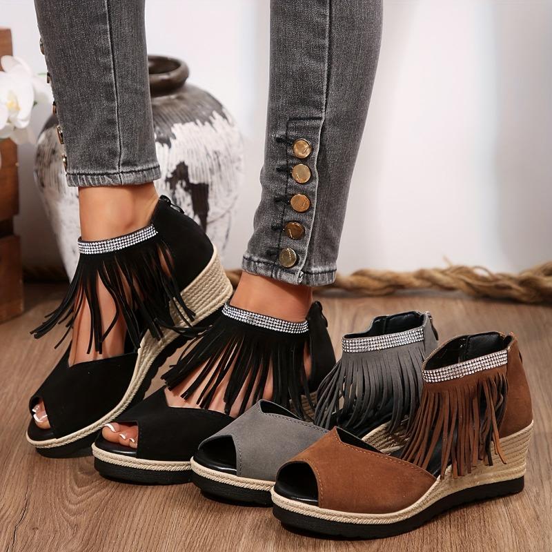 Women's Rhinestone-Embellished Wedge Sandals with Tassel Detail - Open-Toe Platform Heel, Faux Cover Upper & Sole, Thick Cushioned Sole
