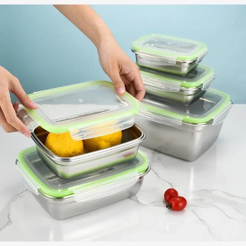 Lunch Box Food Grade 304 Stainless Steel Sealed Leak Proof Fresh Lunch Box Fruit Bento Box Square Sealed Cartridge with Cover