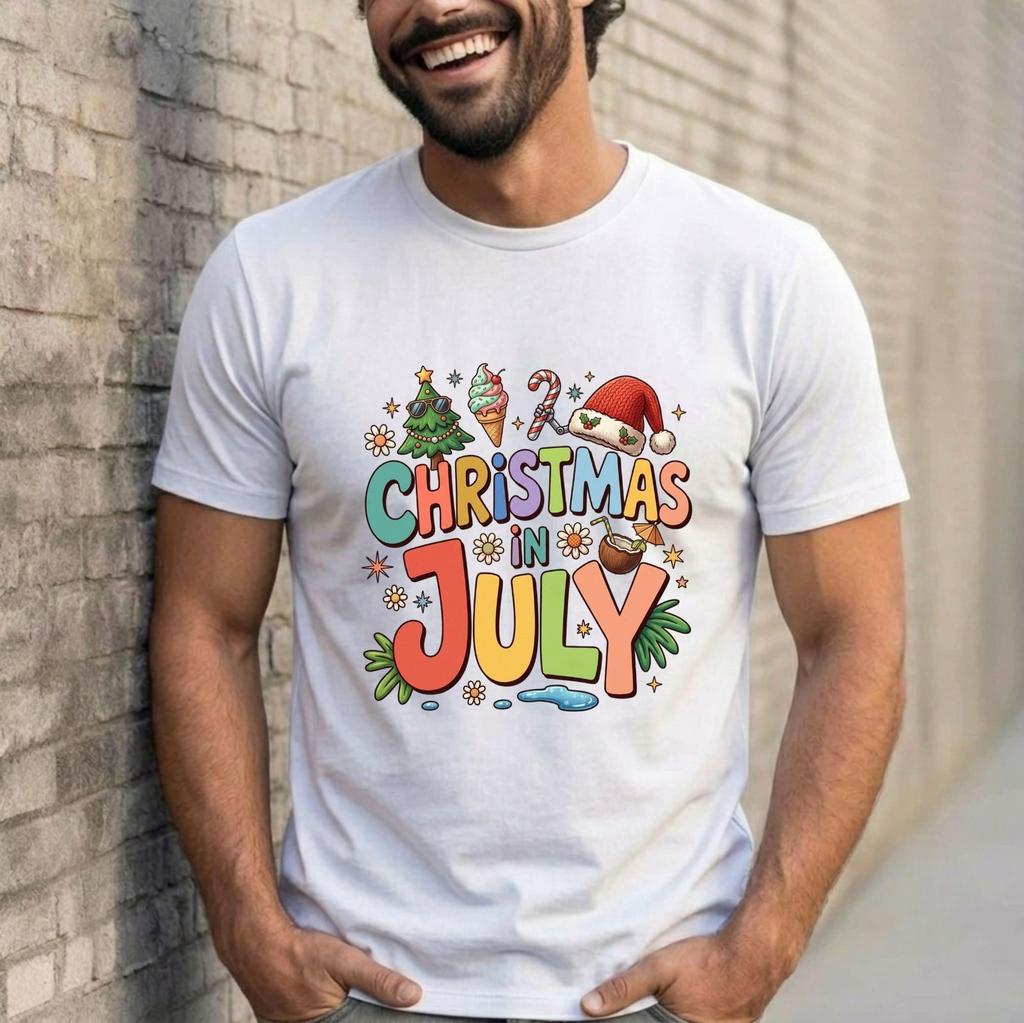 Christmas In July Meme T-Shirt - Funny Summer Xmas Tropical Holiday Party Gift