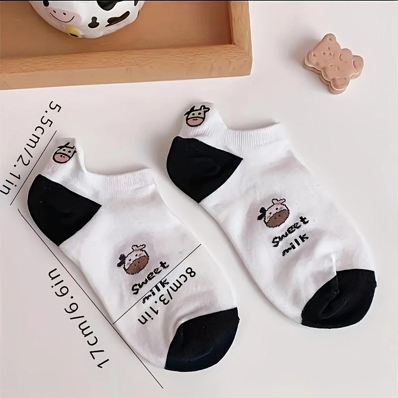 5 Pairs Women's Cartoon Cow Print Non-Slip Ankle Socks, Black/White Color, Airy Cozy, Gentle Low-Cut Socks, Casual Style