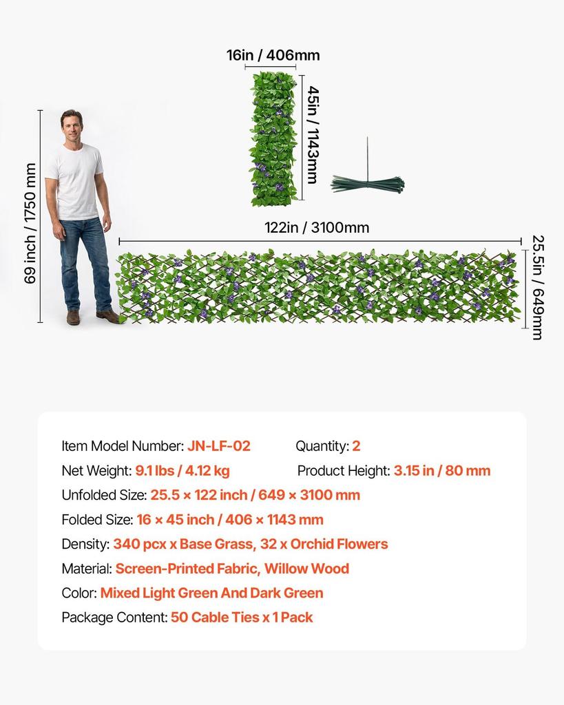Expandable Fence Privacy Screen, 64.9 X 310 Cm Expand Artificial Plant Wall, Realistic Artificial Ivy Panel with 50 Zip Ties, Decorative Faux Greenery