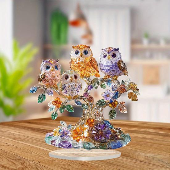 Owls Perched Tree Ornament, 2D Acrylic Owl Decoration with Base, Colorful Owl Flower Tree Ornament for Desktop Bookshelf Decor