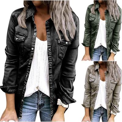Moda mujer suelta Color sólido manga larga Denim botón bolsillo camisa chaqueta