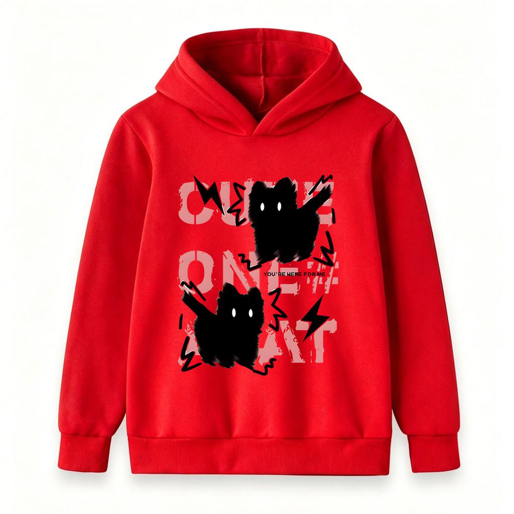 Kids Boys Girls Hoodie Sweatshirt, Cute Fluffy Black Cat Print Pullover, Casual Long Sleeve Loose Fit Hooded Tops for Daily Street Wear