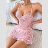 Damenkleid Sissy Sexy Dessous Süßes Rosa Herzstickerei Durchsichtiges Netz Nachtkleid mit Slip Babydoll Romantische Nachtwäsche