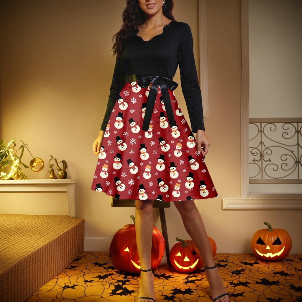 Rochie Retro cu Imprimeu de Crăciun, cu Mâneci Lungi și Decolteu în V, pentru Femei, Stil Casual, Modă