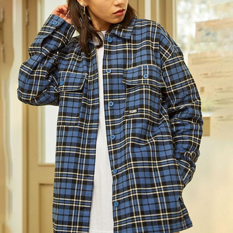 Vans Color-Block Plaid Logo Print Long Sleeve Shirt Women Tops Blue VN0A7TNT2T9