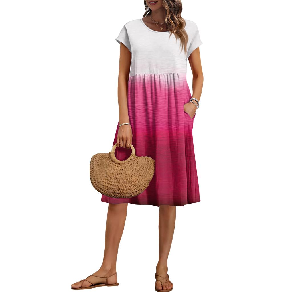 Damska Letnia Modna Codzienna Okrągły Dekolt Krótki Rękaw Sukienka z Gradientowym Wzorem