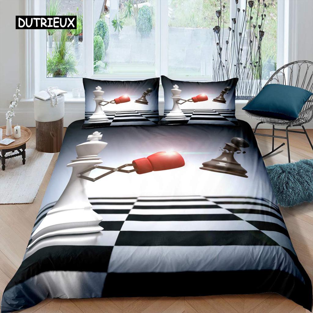 Bettbezug-Set mit internationalem Schachmotiv, Queen-Size-Bettwäscheset für Schachliebhaber, für Kinder und Erwachsene, Mikrofaser, schwarze Basis, 2/3-teiliger Bettbezug