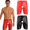 Men's Faux Leather Short Pants Sexy Open Crotch Shiny Boxer Shorts Glossy Stretchy Hot Pants for Parties And Date Nights