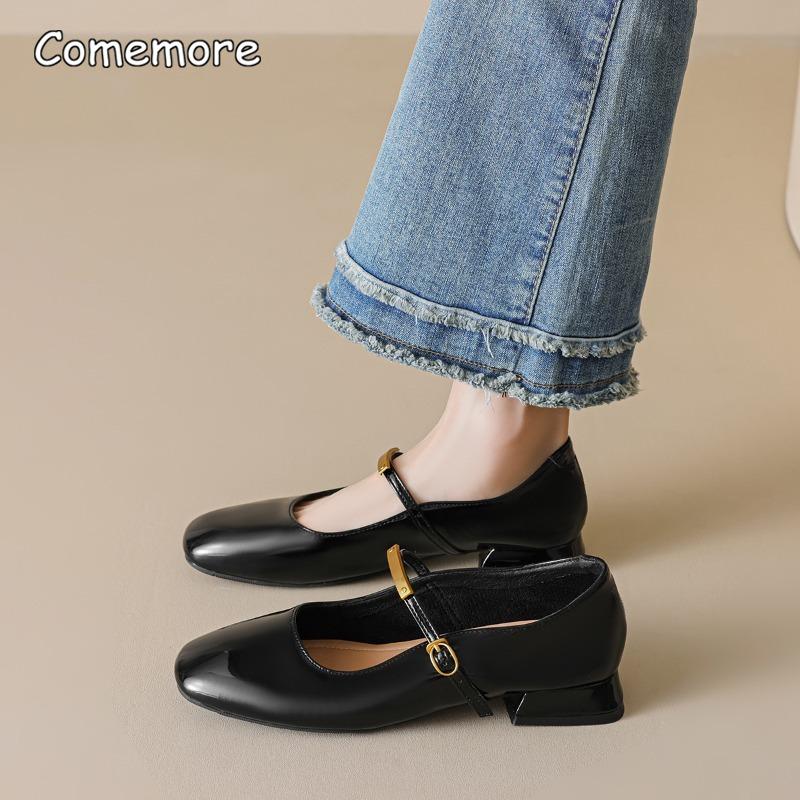 Women's Patent Leather Mary Jane Shoes Low Heel Square Toe Black Pumps Retro Female Ballerinas Soft Comfortable Shoes for Woman