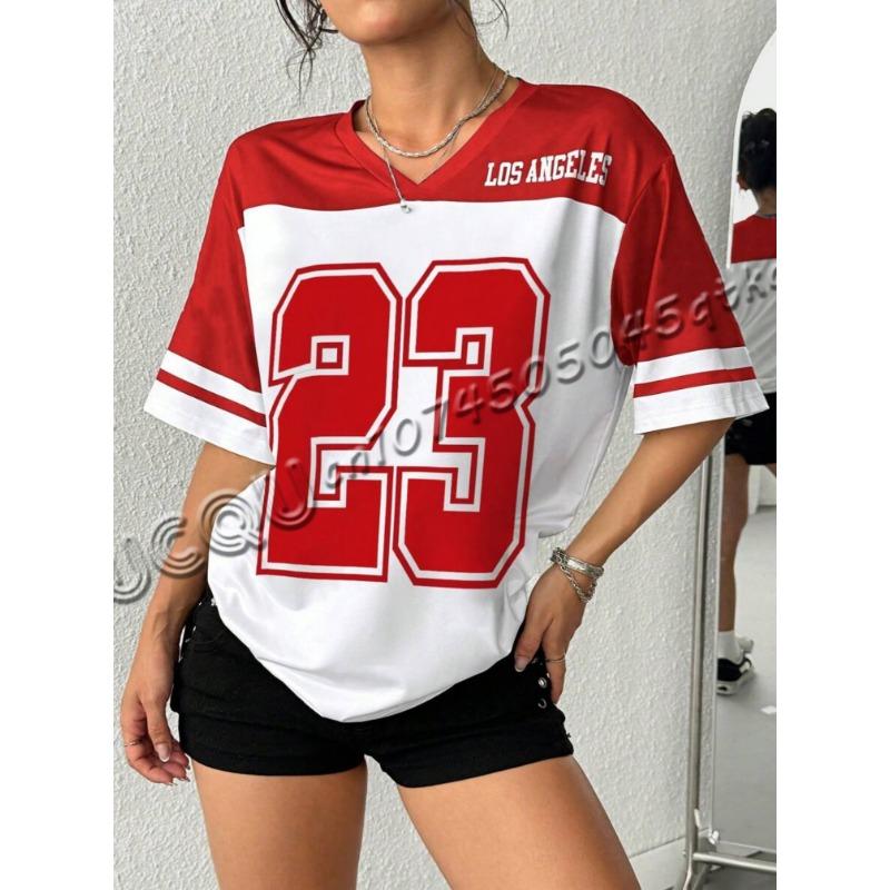 New Summer Blue New York 23 Print Women T-Shirt V-Neck Patchwork Short Sleeve Sports Football Jersey Y2K Loose Oversized Tops