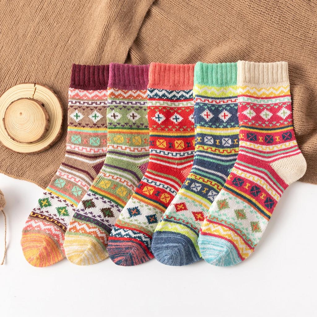 Women's Thick Warm Wool Mid-Calf Socks, Cross Flower Pattern, 5 Pairs