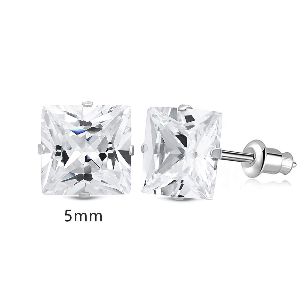 2 Stylish Stainless Steel 4 Claw Square Cubic Zirconia Stud Earrings For Men And Women 4/5/6/7mm Zircon Stud Earrings