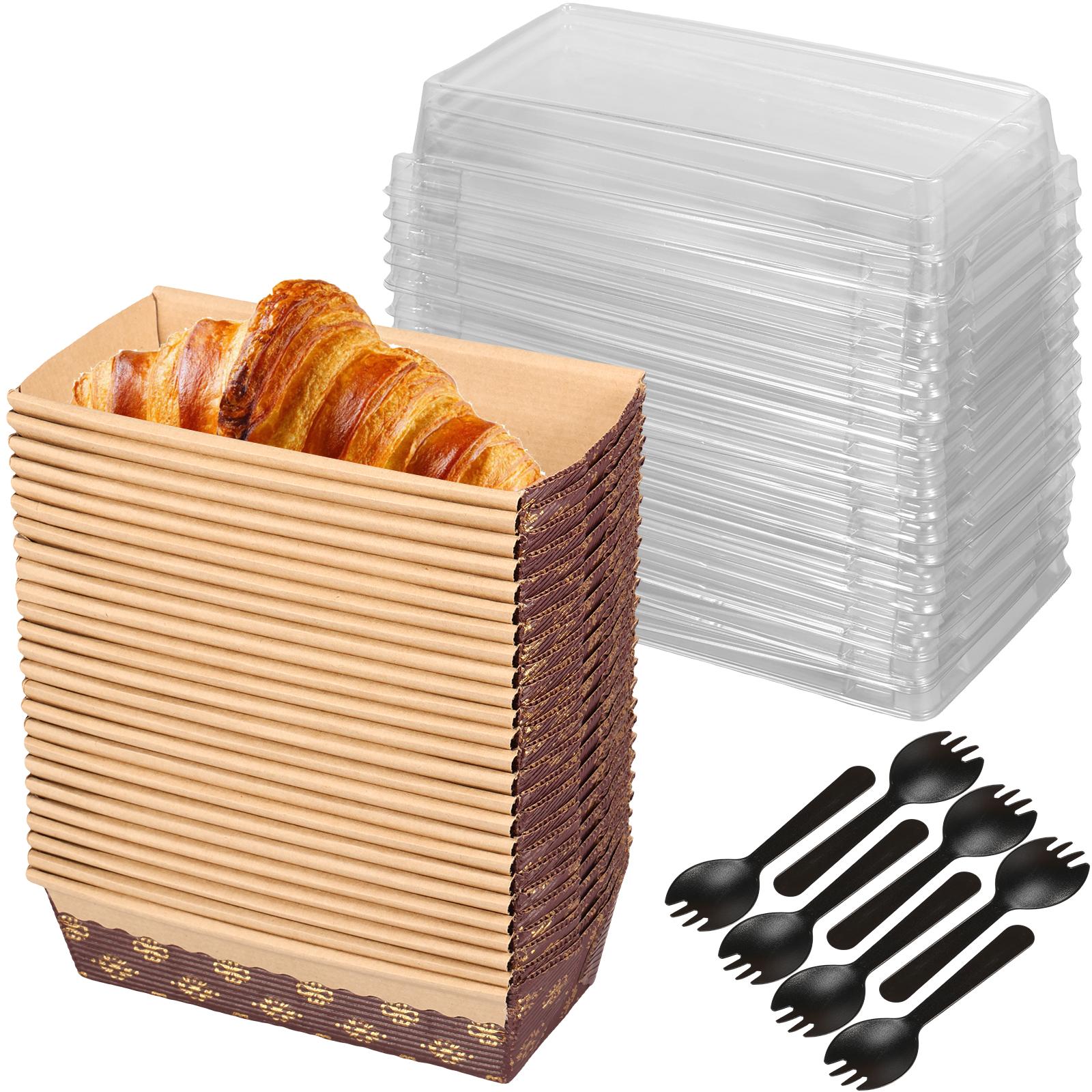 

25Pcs Paper Baking Pan Reusable Paper Mini Loaf Pan with Lid and Fork Stackable Rectangular Paper Pan Mold Bread Cake Box коричневый