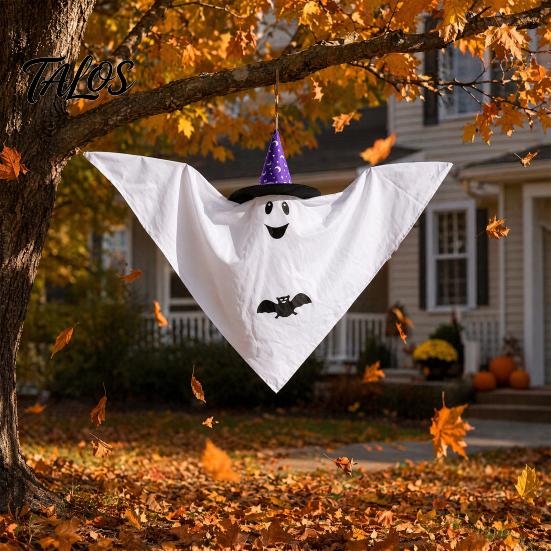 Indoor Outdoor Ghost Decor Halloween Hanging Decoration, Cute Flying White with Witch Hat Non-scary Decoration And Bat Pattern for Yard Patio