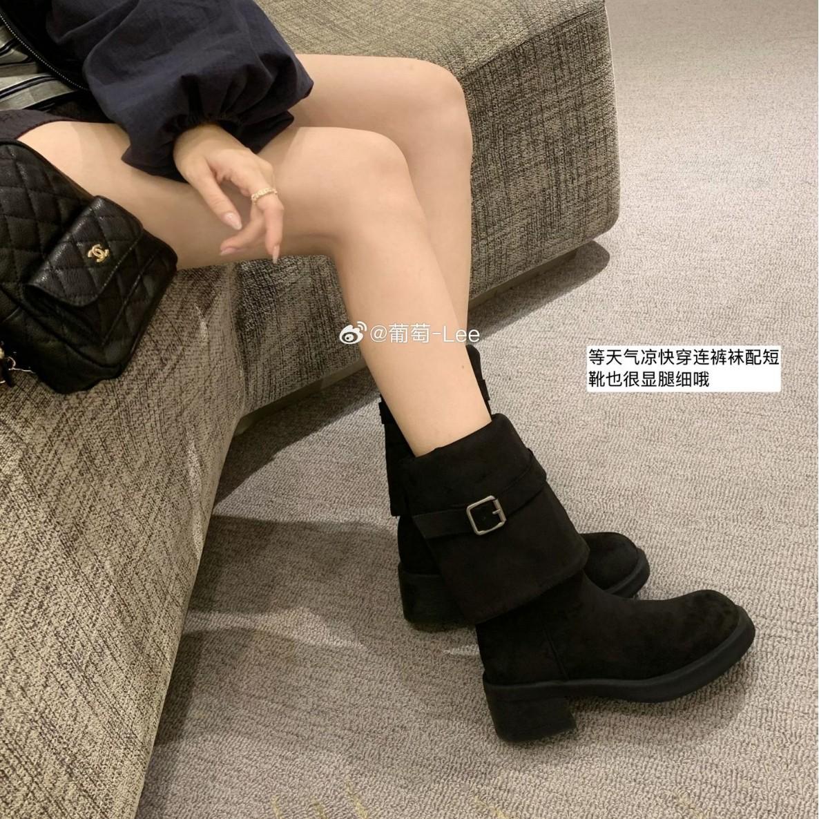 

Grape mother wears the same style in two ways~ foldable thick heel buckle belt round head western pile boots women s thick-soled knight boots 35 чёрный