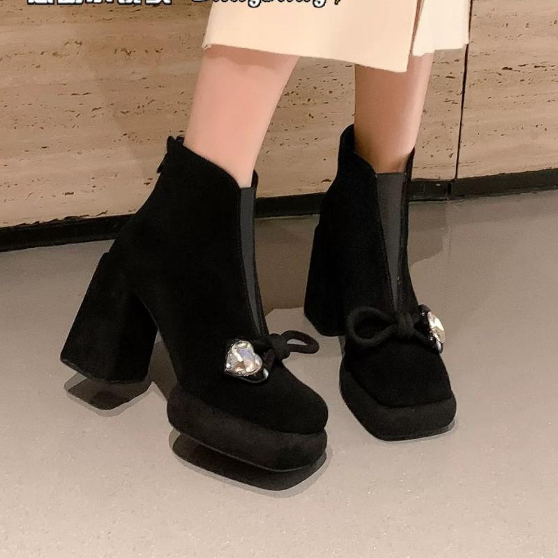 Bow Women's Boots Sexy High Heels Luxury Crystal Suede Shoes  Fashion Pumps Chelsea Boots New Elegant Dress Ladies Boots