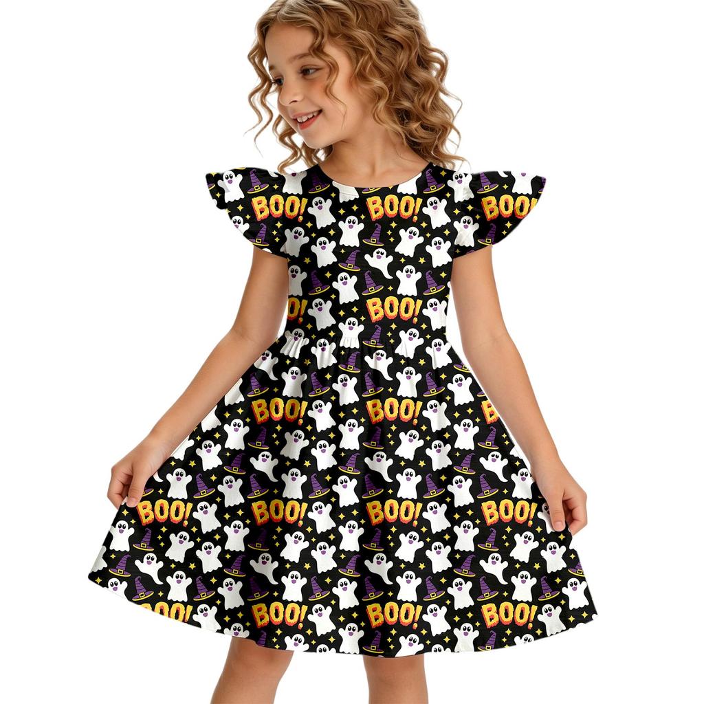 Girls Halloween Casual Dress Ruffle Sleeve Round Neck Dress Lightweight Comfortable Fit for Everyday Wear and Party