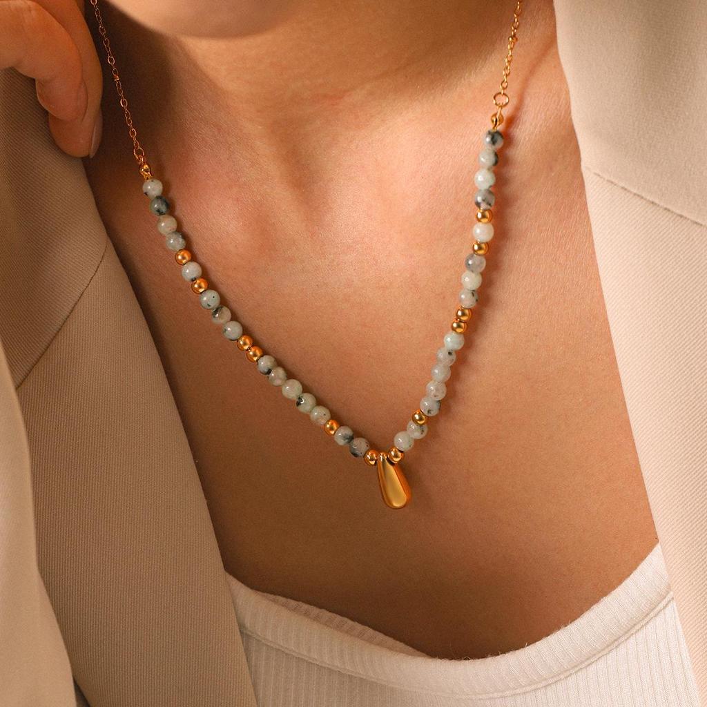 Huang Chao Natural Stone Water Drop Necklace with Stainless Steel Clavicle Chain.